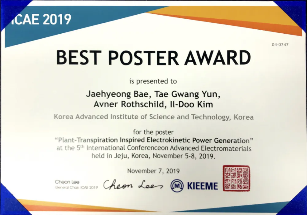 Dr. Jaehyeong Bae won the Best Poster Award at 5th International Conference on Advanced Electromaterials (ICAE 2019)