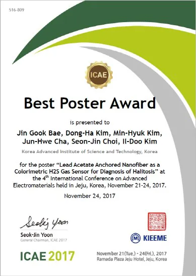Dr. Jaehyeong Bae won the Best Poster Award at 4th International Conference on Advanced Electromaterials (ICAE 2017)